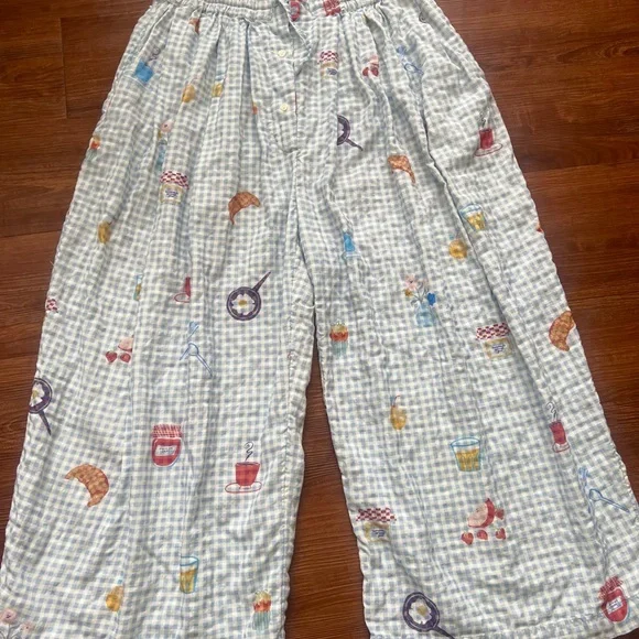 Anthropologie Blue Gingham Wide-Leg Lounge Pants & Top - Picture 3 of 6